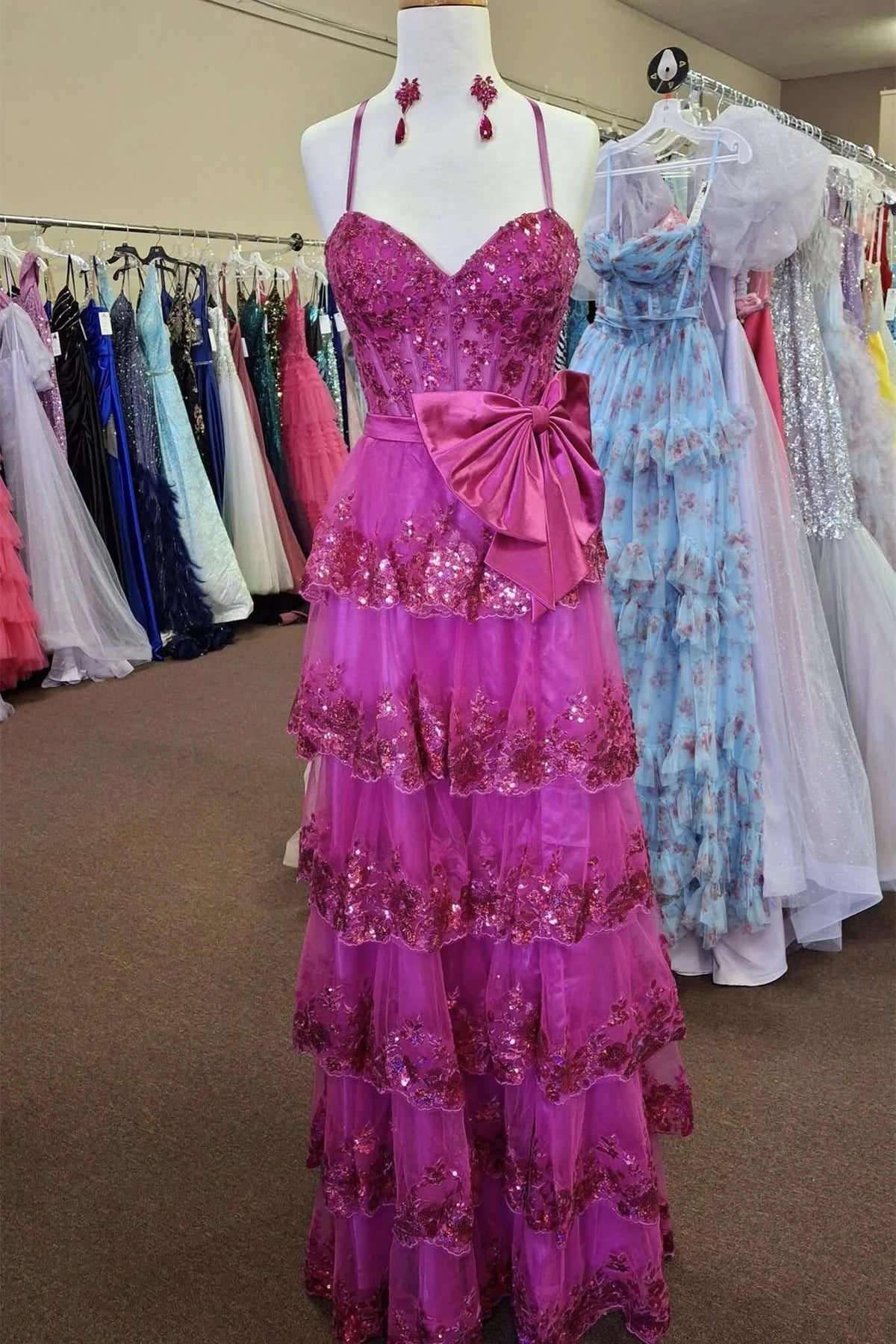 Robe Weitese à bretelles spaghetti fuchsia, robe de soirée trapèze à volants, longue robe de bal